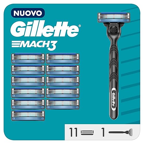 Immagine del prodotto Gillette Mach3 Regolabarba Uomo, Lame Rasoio a Mano Libera, 1 Manico e 11 Lamette da Barba da 3 Lame, Facile Risciacquo, con Gel Lubrificante, Fino a 15 Rasature con 1 Testina