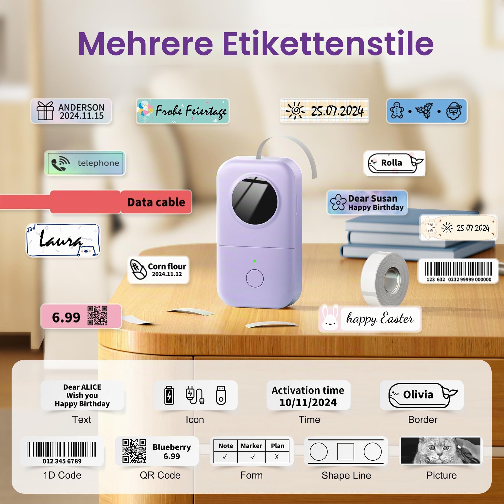 Phomemo D30 Etikettiergerät, Bluetooth Etikettendrucker Selbstklebend Beschriftungsgerät, Thermo Label Printer für Zuhause, Schule, Küche, Büro, Mini Ettikettiergeraet für iOS & Android, Violett
