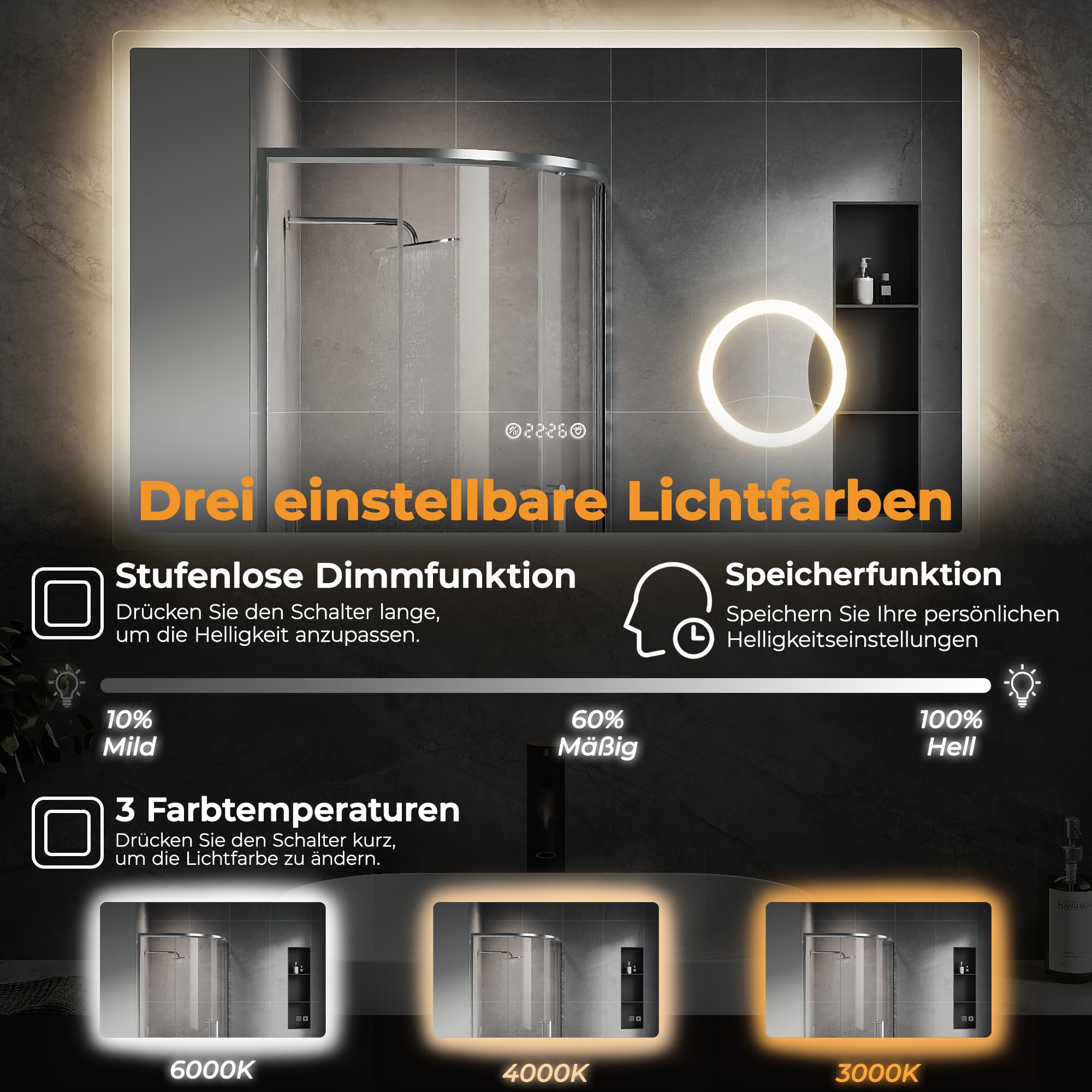 SVNR badezimmerspiegel mit beleuchtung - 100 x 60 cm spiegel mit beleuchtung, Wandmontierter Multifunktionaler Badezimmerspiegel, R10-Abgeschrägte Kante, Uhr, Antibeschlag, LED-Smart-Spiegel