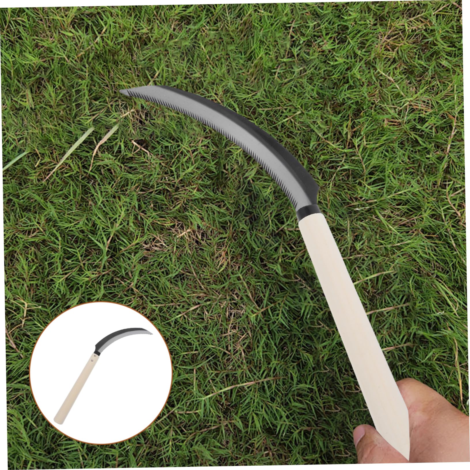 BESPORTBLE Serrated Handheld Weeding And Harvesting Tool With Weather Resistant Wooden Handle Crescent Shaped Blade For Precise Garden And Farm Cultivating