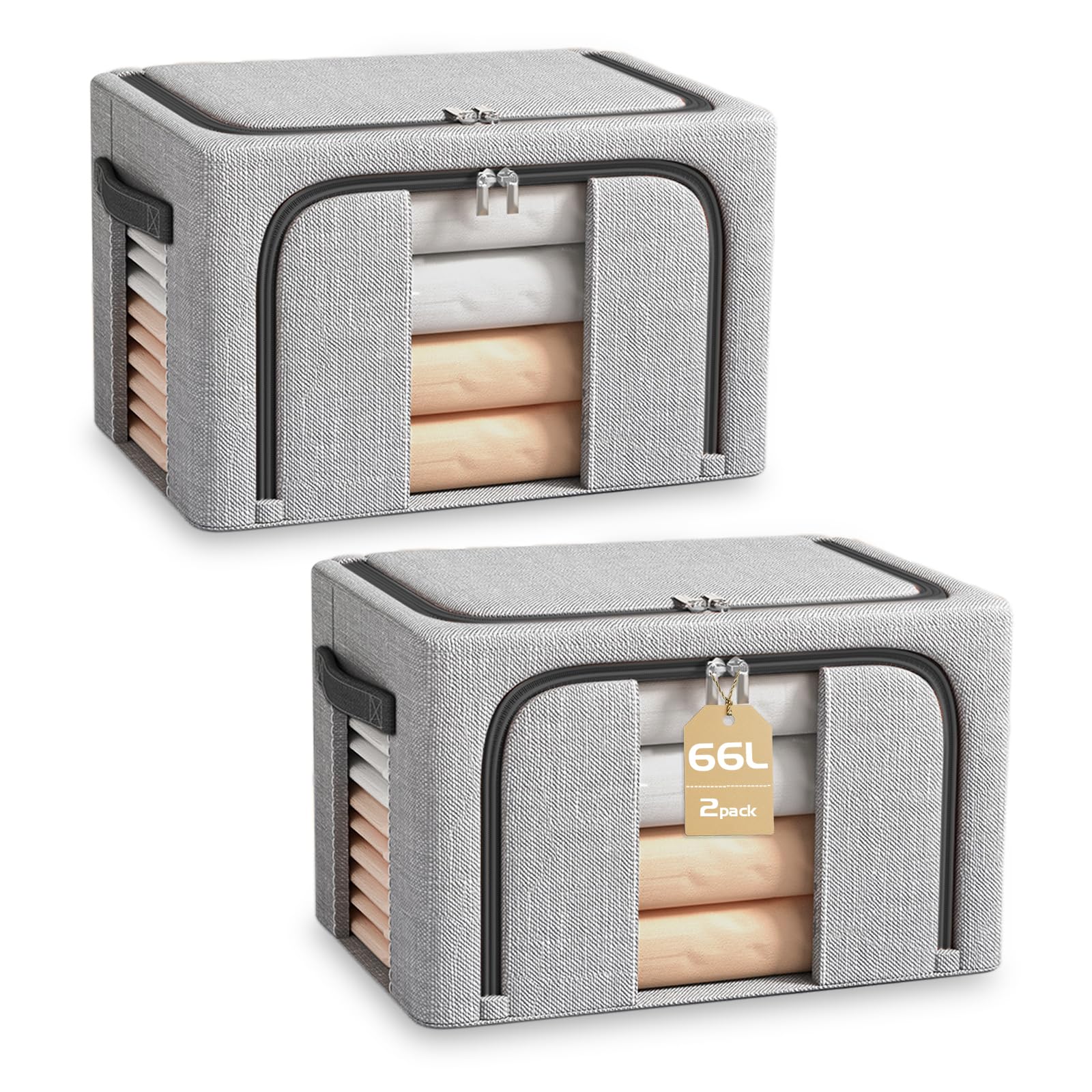 BOUDOI Clothes Storage Boxs With Lid,Large Storage Box With Double opening Zips Clear Windows,Foldable Oxford Cloth Steel Frame