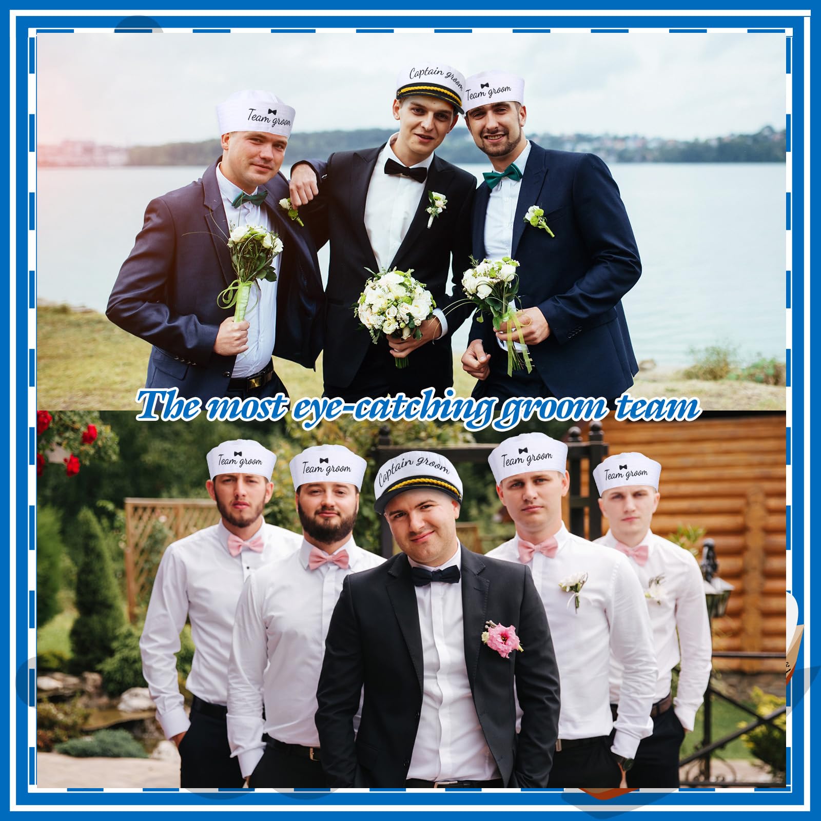 JaGely 7 Pcs Wedding Bachelor Party Hats Include 1 Pcs Groom Captain Hat 6 Pcs Sailor Hat Sailor Cap Bachelor Party Costume Accessory for Wedding
