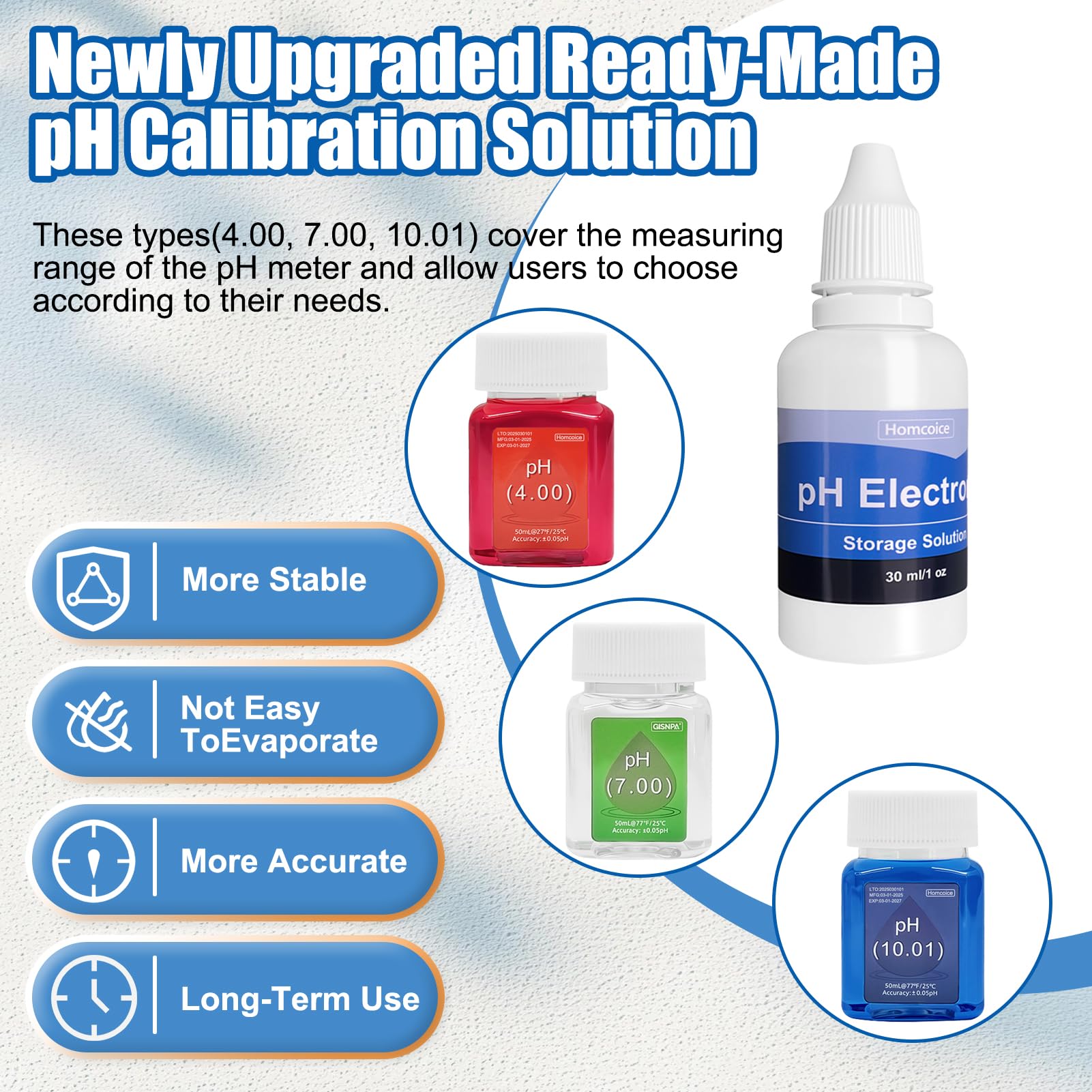 Kit Solution Étalonnaget pH (4.00, 7.00 et 10.01), universel Solution Étalonnage pH 50 ml et Solution Stockage de sonde pH (KCL) 30 ml pour pH-mètres