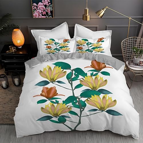 Juego de funda de edredón tamaño individual con estampado de flores, funda de edredón de microfibra suave y 2 fundas de almohada de 20 x 26