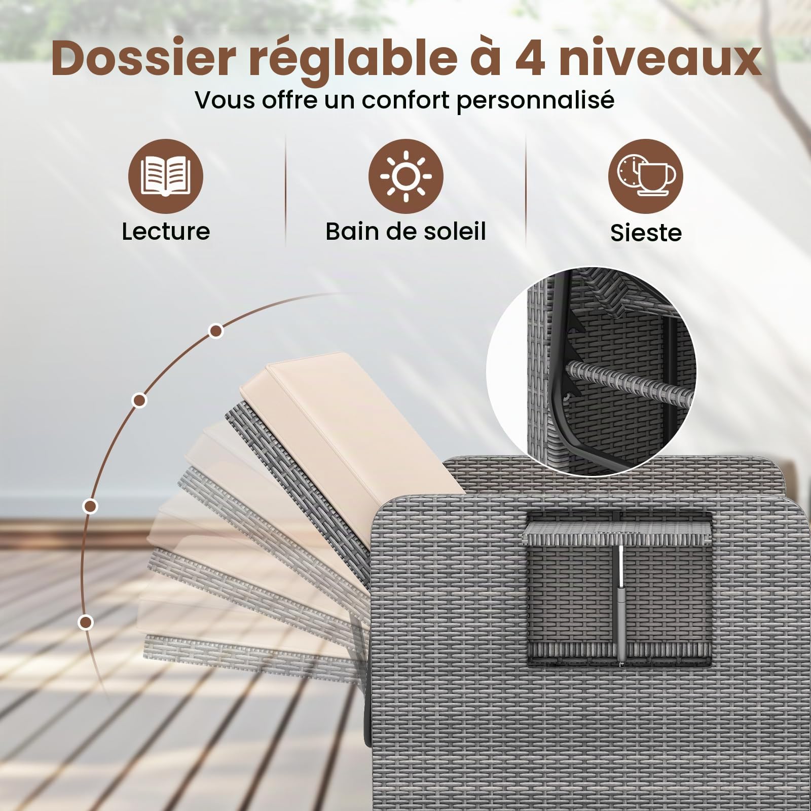 GIANTEX Canape Exterieur Jardin 2 Pièces, Canapé de Jardin 2 Places en Rotin PE, Ottoman de Rangement, Dossier Réglable, Tables d'Appoint Rétractables, Coussins Doux, pour Porche, Patio, Gris+Kaki