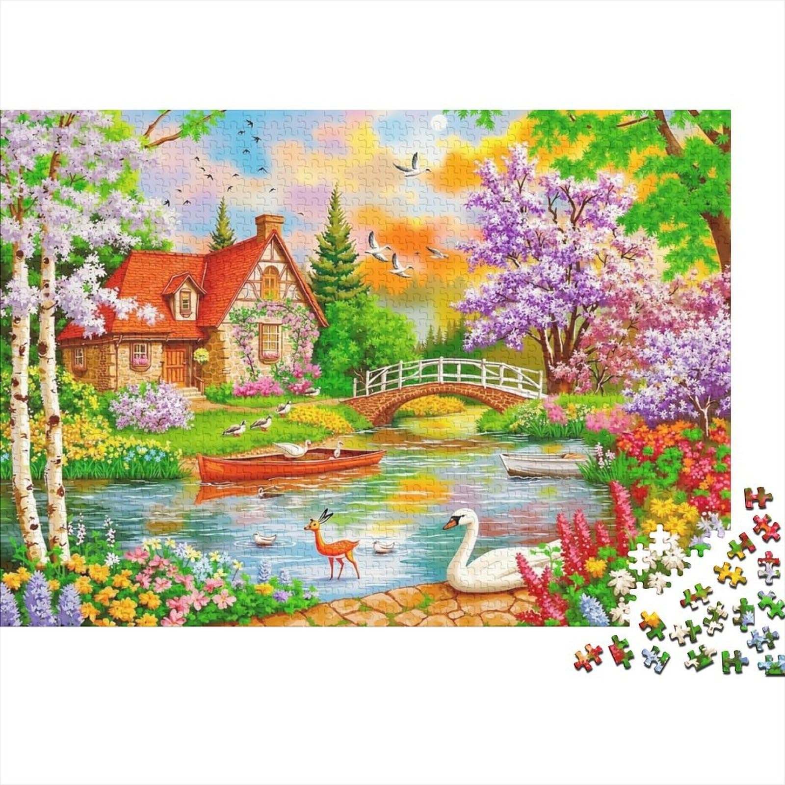 Lakeside Cottage Spring Scene 1000 Piece Jigsaw Puzzle Paper for Adults Colorful Nature Puzzle Game for Family Relaxation Focus Home Gift 38x26cm/1000pcs โ image 1
