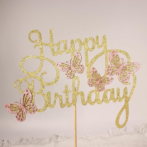 Miniatura 4 de Decoración para tartas, decoración dorada de feliz cumpleaños para fiesta, 7 piezas de decoración de pastel de mariposa para cumpleaños,
