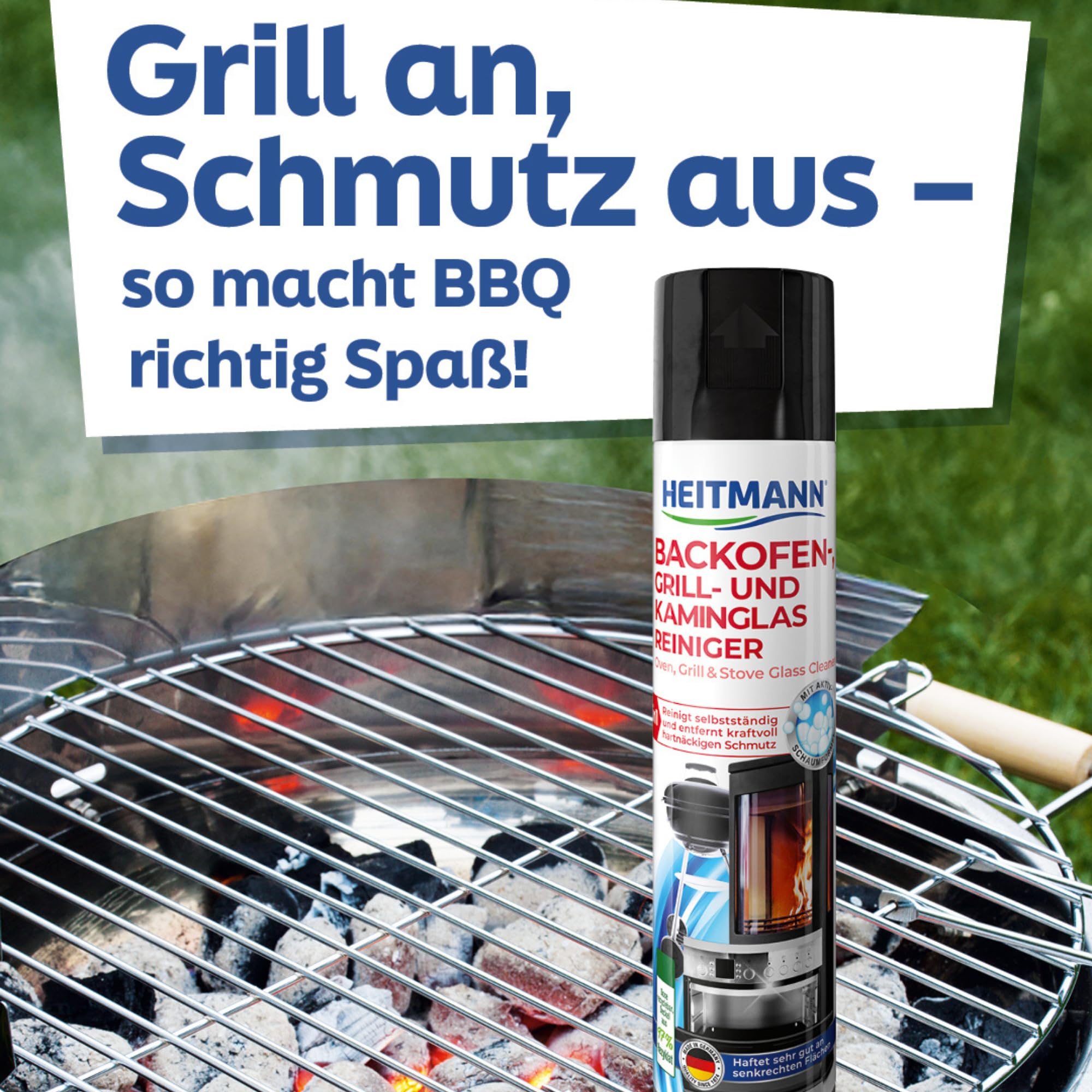 Heitmann, detergente per forno, barbecue e vetri del camino, schiuma attiva per lo sporco ostinato, detergente per camino, buona aderenza, confezione da 3