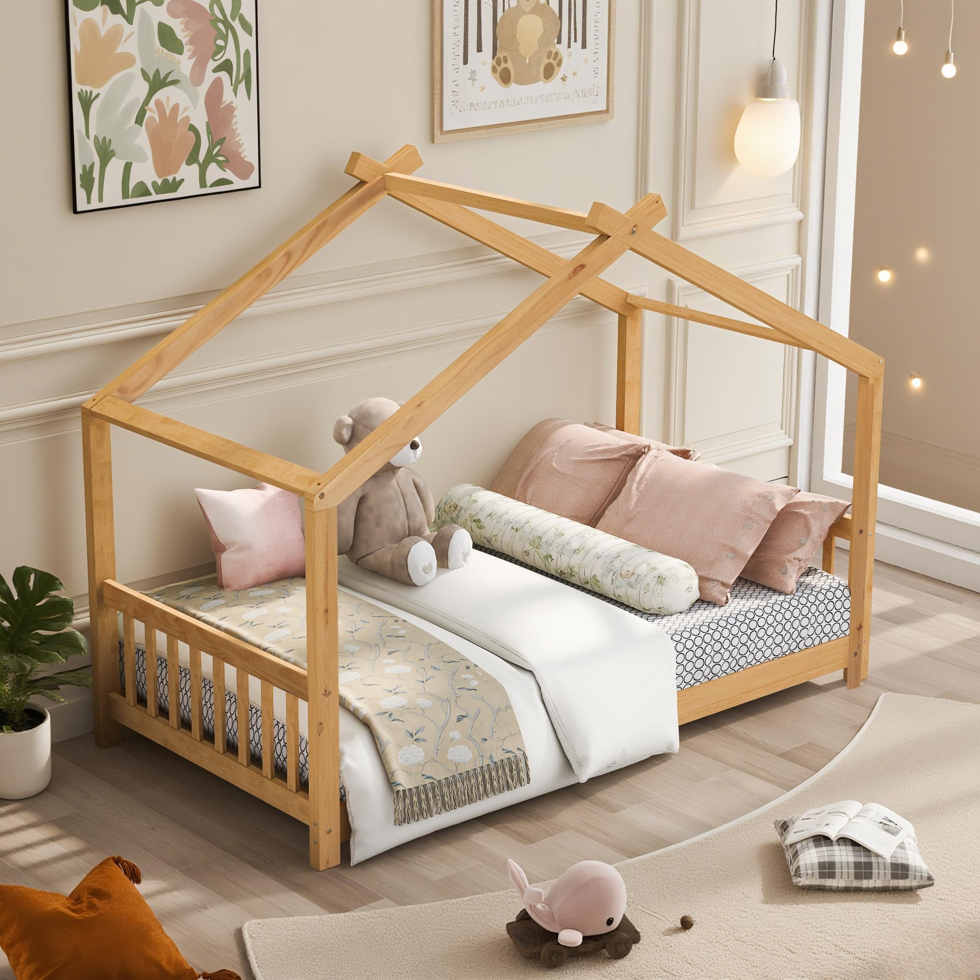 Bellemave Floor House Beds Wood Montessori Bed Frame Twin Size Platform Bed with Headboard & Footboard for Kids Boys Girls Teens, Natural