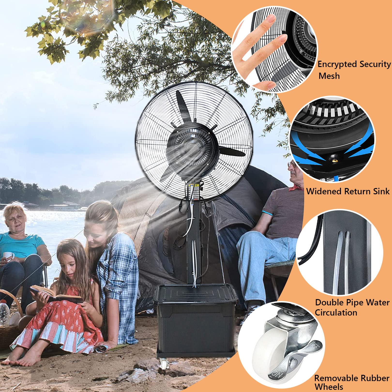 Ventilatore nebulizzatore per esterni, portatile, regolabile in altezza, ventilatore a piedistallo oscillante a 90°, con serbatoio da 42 litri, per campeggio e patio
