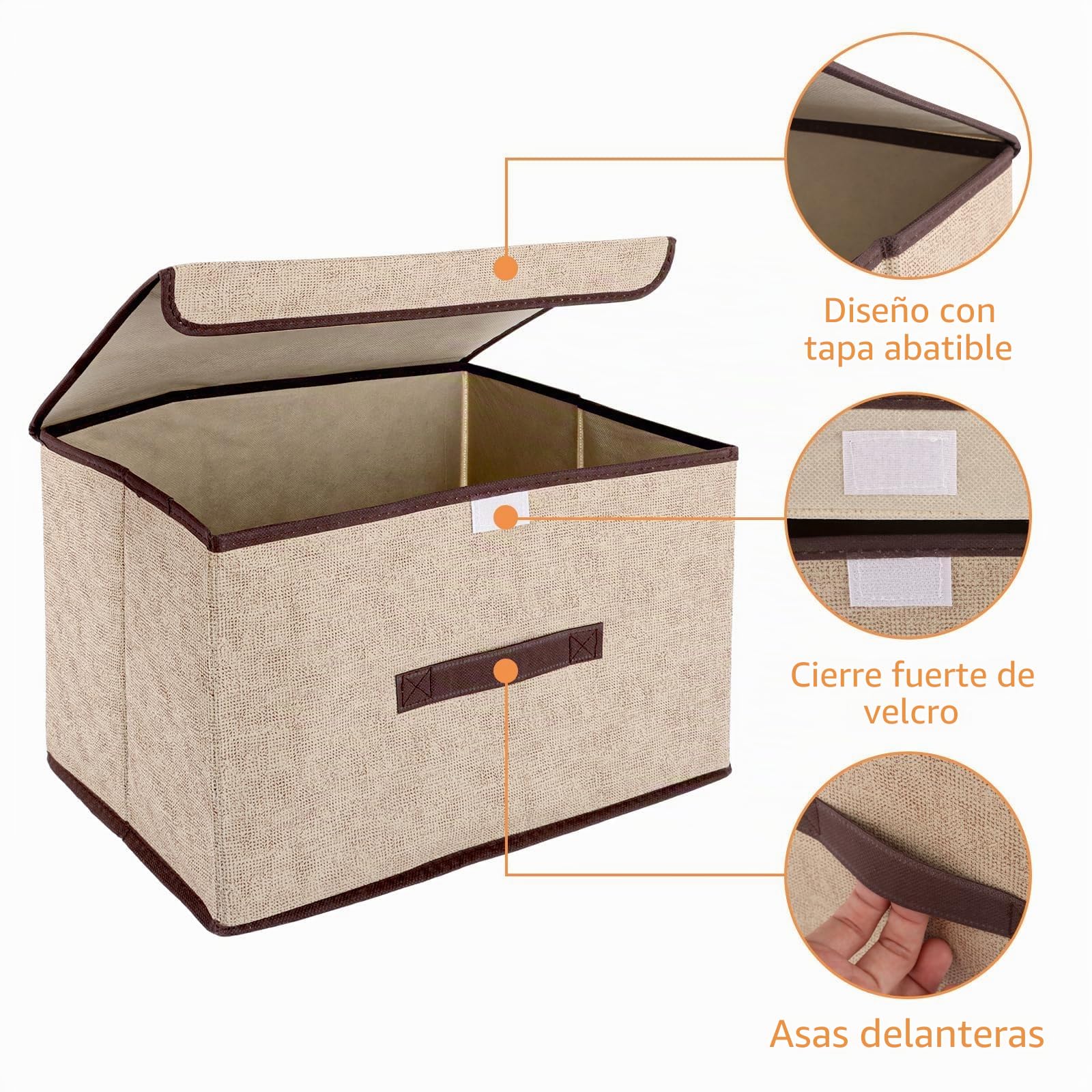 YAYODS 6 cajas de almacenaje de tela con tapa, 36 x 23 x 24 cm, beige | Cajas de tela beige de 36 x 23 x 24 cm, plegables, con cierre autoadherente y asa frontal; para ropa, textiles y accesorios