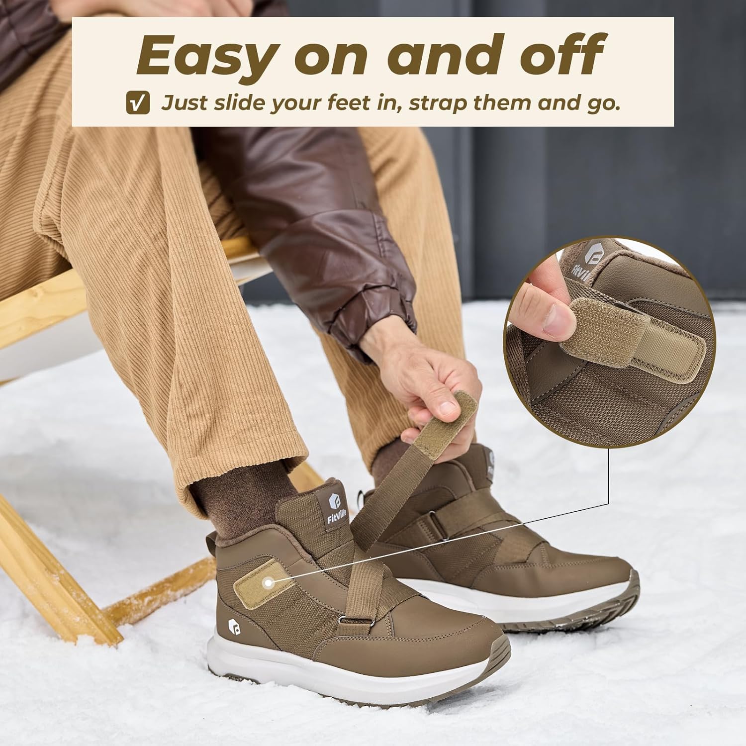 FitVille Mens Snow Boots Extra Wide Width Slip On Winter Boots Shoes Water Resistant Outdoor Warm Lined
