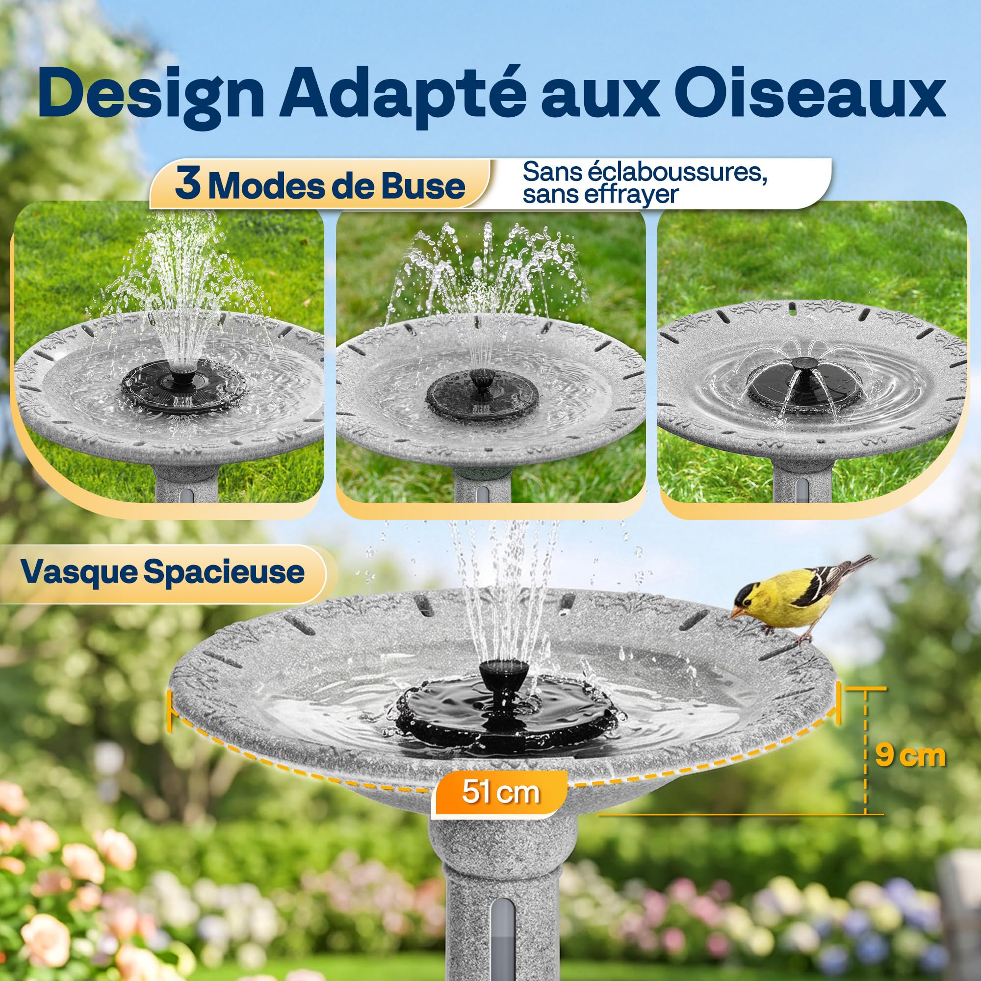 VIVOHOME ⌀51cm Bain d'oiseaux Solaire Fontaine avec 4,5L Réservoir, Vert