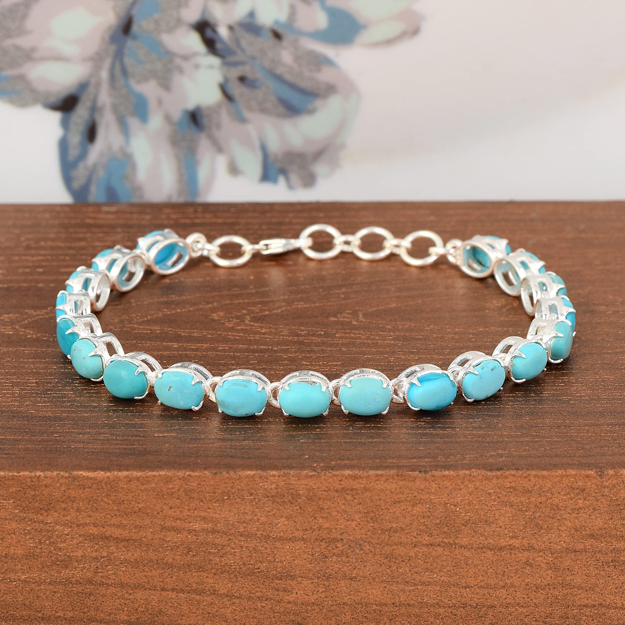 Arizona - Pulsera de tenis turquesa para mujer, 6 x 4 mm, cabujón ovalado, piedra preciosa azul, plata 925, chapado en rodio, cierre de langosta, joyería de regalo de 9 pulgadas