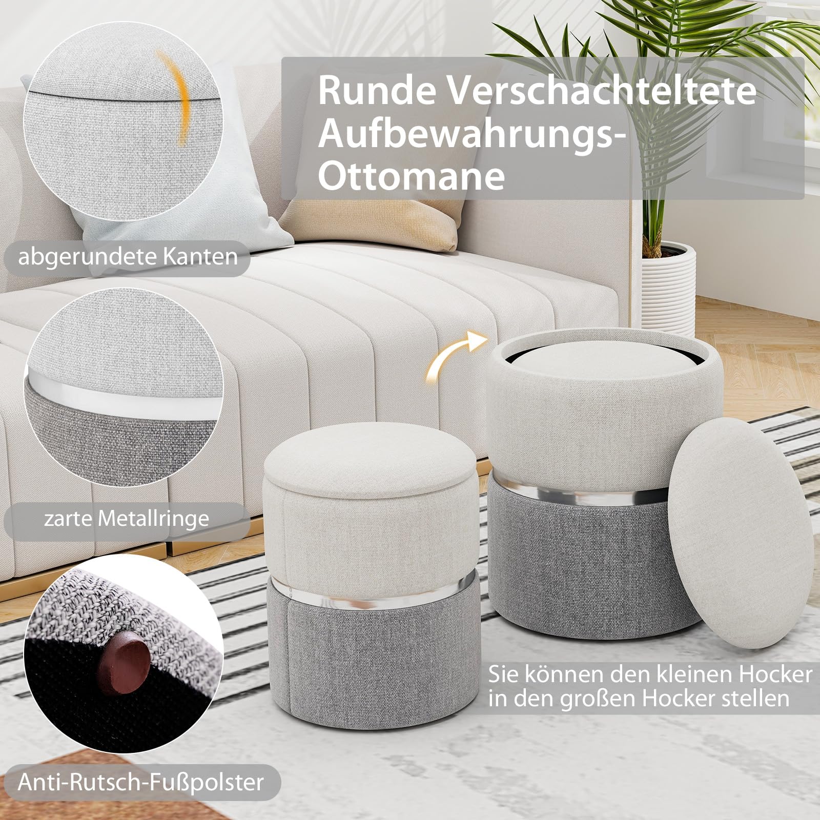RELAX4LIFE 2er Set Sitzhocker, Pouf Hocker mit 32L + 21L Stauraum, Ottomane aus Samt, Aufbewahrungshocker für Wohnzimmer Schlafzimmer (Grau)