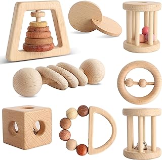 Wooden Baby Toy 8pcs, Montessori Toys for Babies 1-3 Years Old, Wooden Rattles Toy Set for Infant Grasping, Sensory Development, Gift for Baby Boys Girls (Natural Wood)