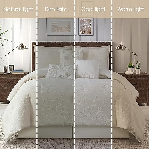 Miniatura 5 de Grand Avenue Juego de edredón de mezcla de algodón beige, elegante 7 piezas, ropa de cama jacquard floral tamaño Queen, para todas las estaciones,