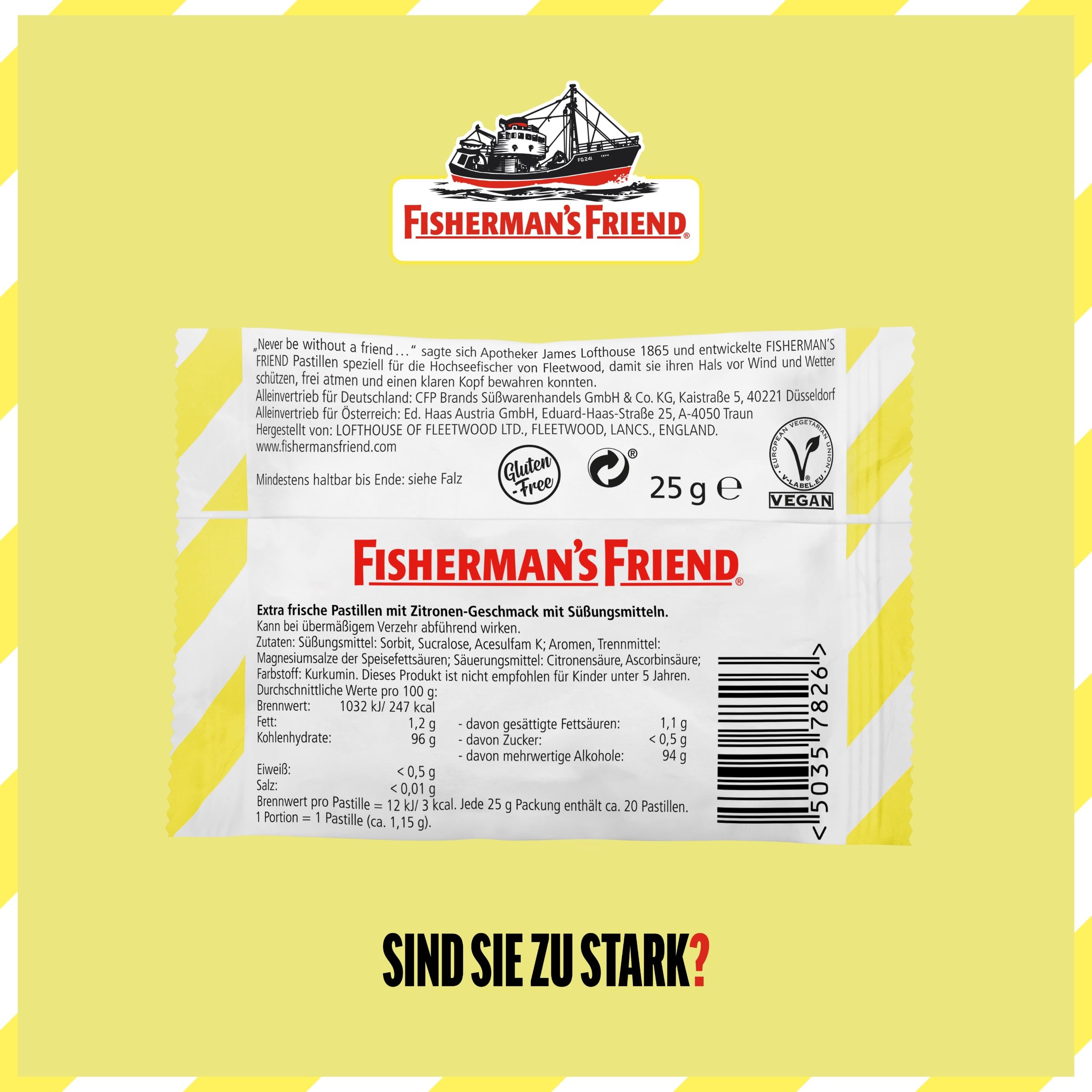 Fisherman's Friend Lemon, 24er Vorratsbox, Zitrone und Menthol Geschmack, zuckerfrei & vegan, Bonbons für frischen Atem, 24 x 25g