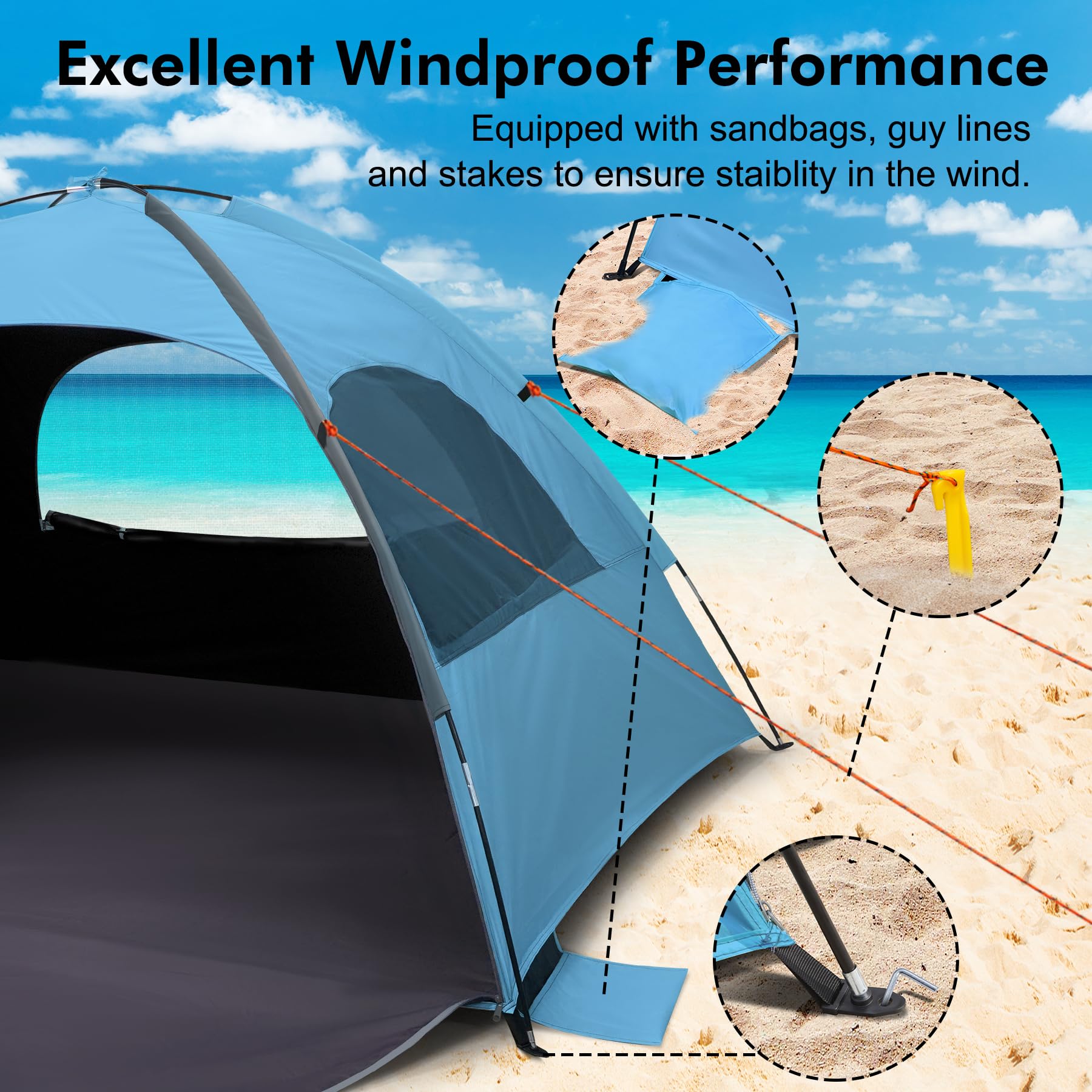 WhiteFang Tente de Plage Anti-UV Portable pour 3 Personnes, Sol Extensible avec 3 fenêtres en Maille ventilée, Sac de Transport, piquets et haubans