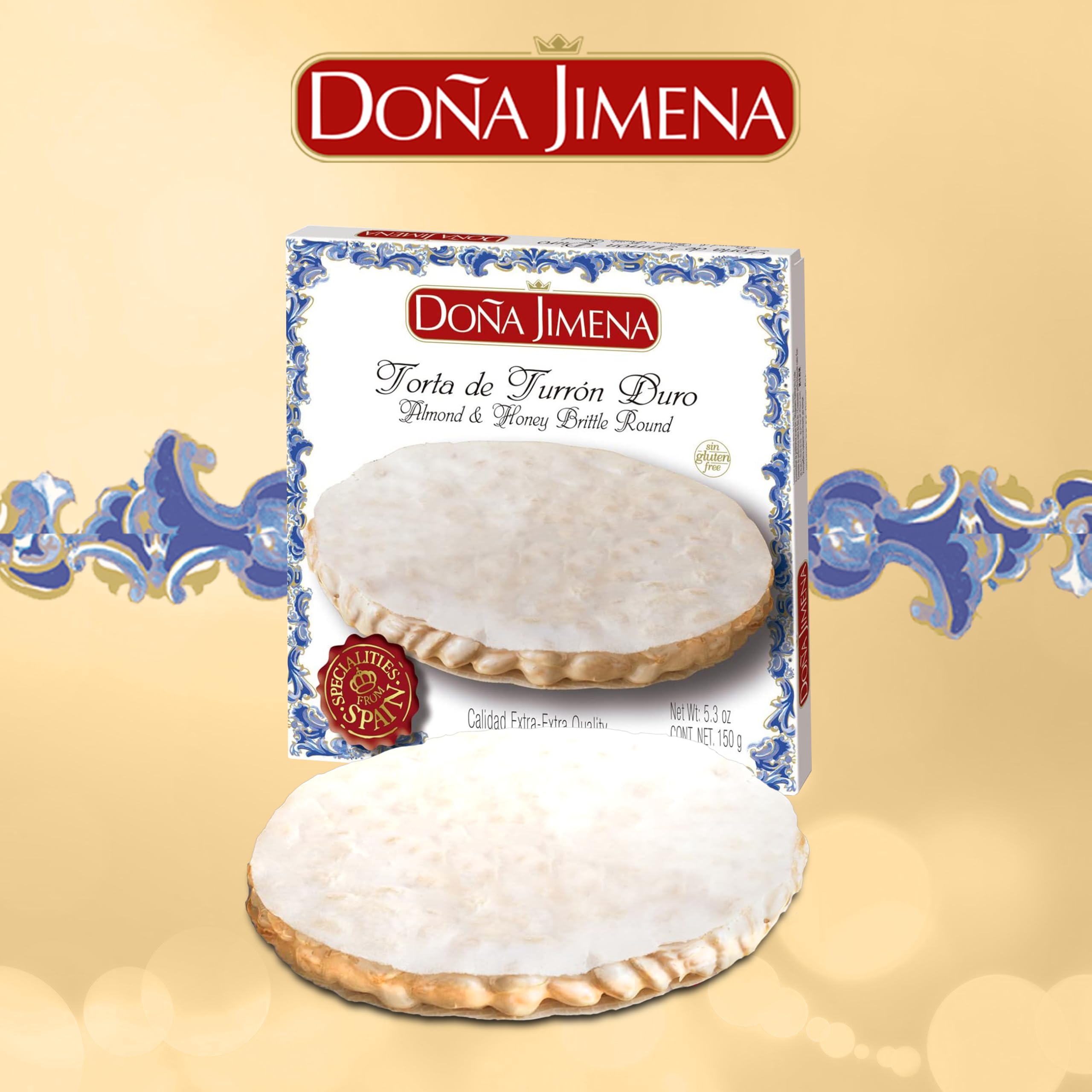 DOÑA JIMENA - Torta de Turrón Duro de Almendra, Textura Crujiente, Dulce Navideño de Receta Artesanal, Calidad Extra, Formato Redondo, Turrón Tradicional, Sin Gluten, 150gr