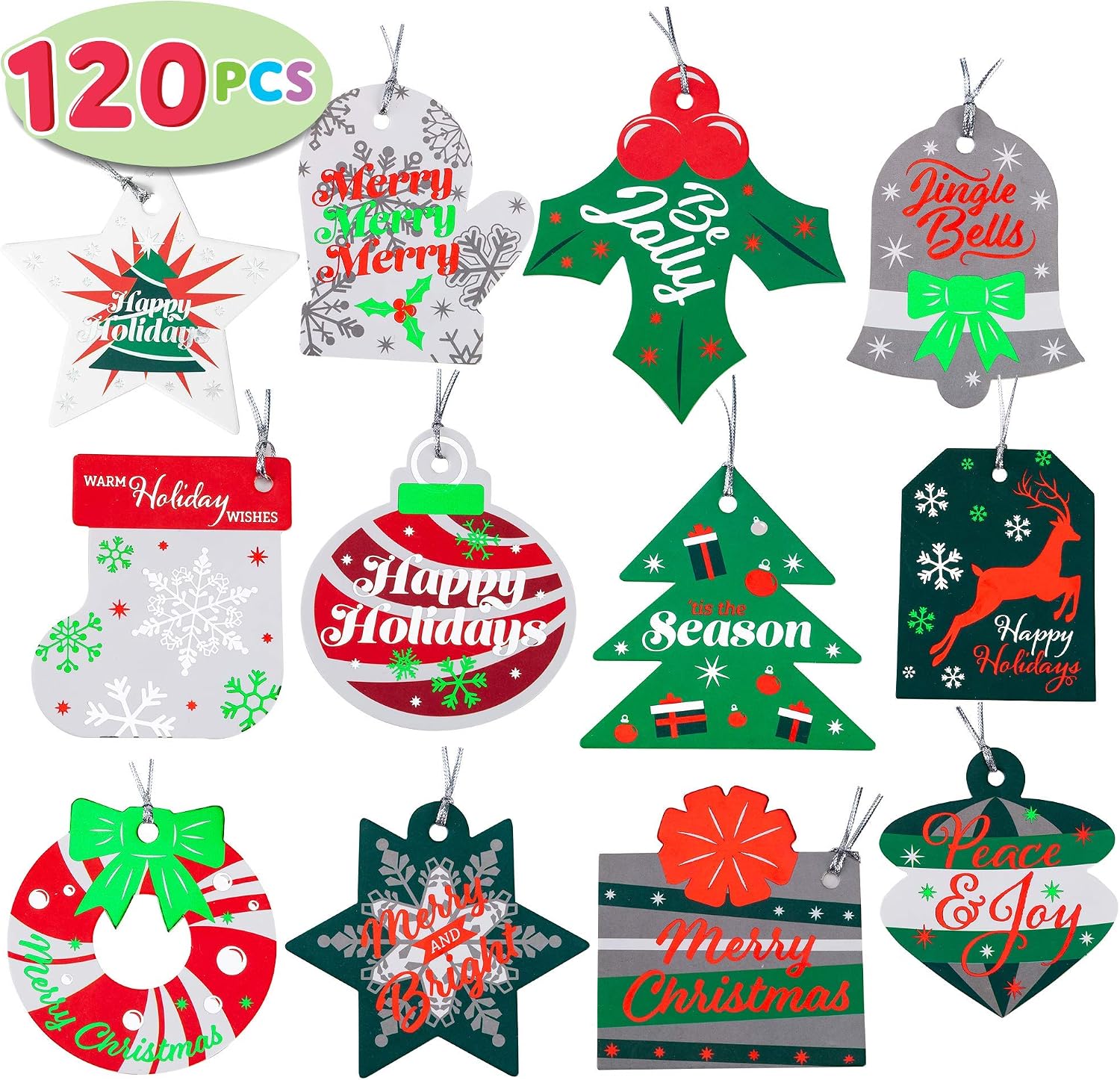 120 Pieces Christmas Foil Gift Tags with Strings for Party Gifts Supplies, Wrapping Presents, Write on Labels and Bags Tags