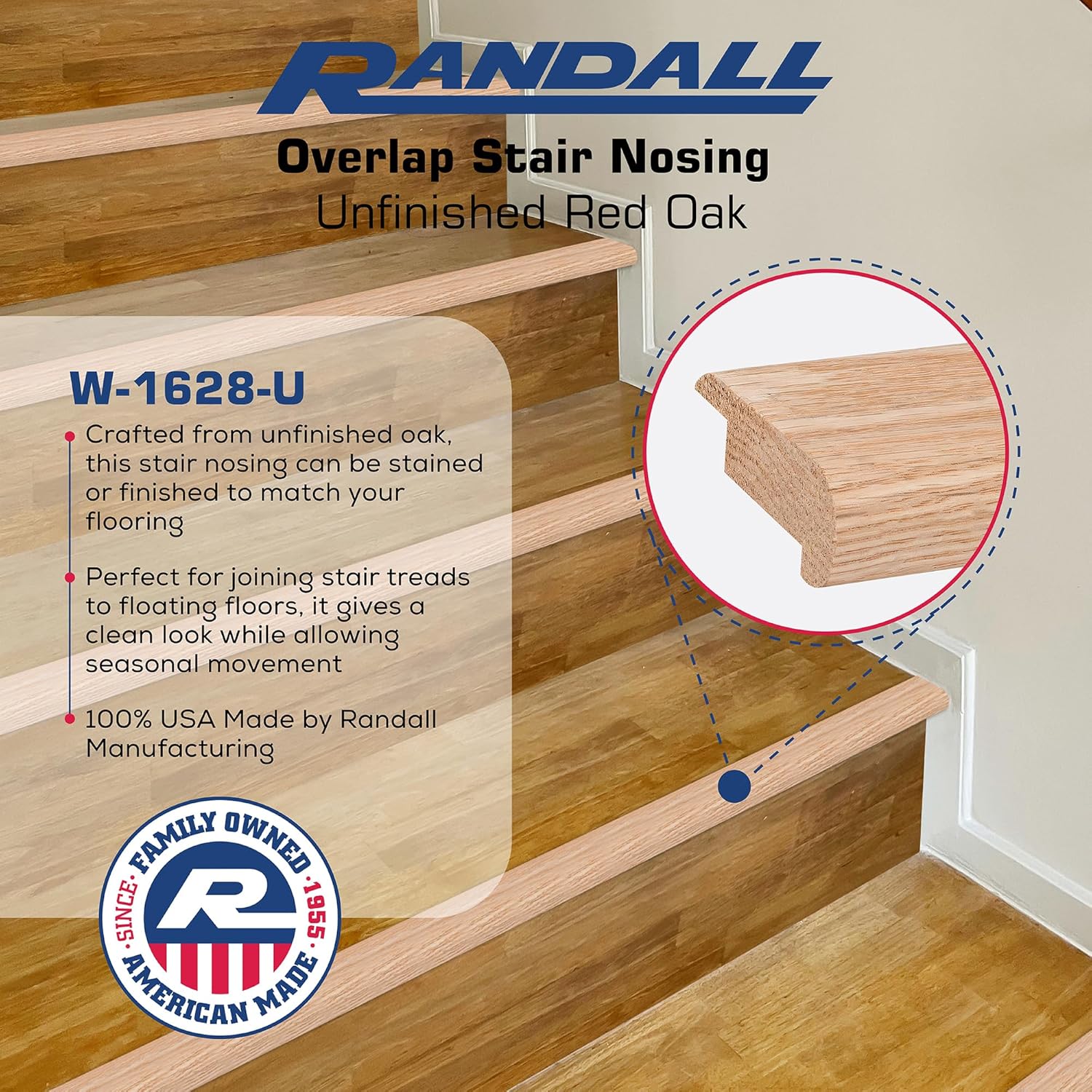 3/8" Overlap Stair Nosing Unfinished Red Oak (4 FT Long)