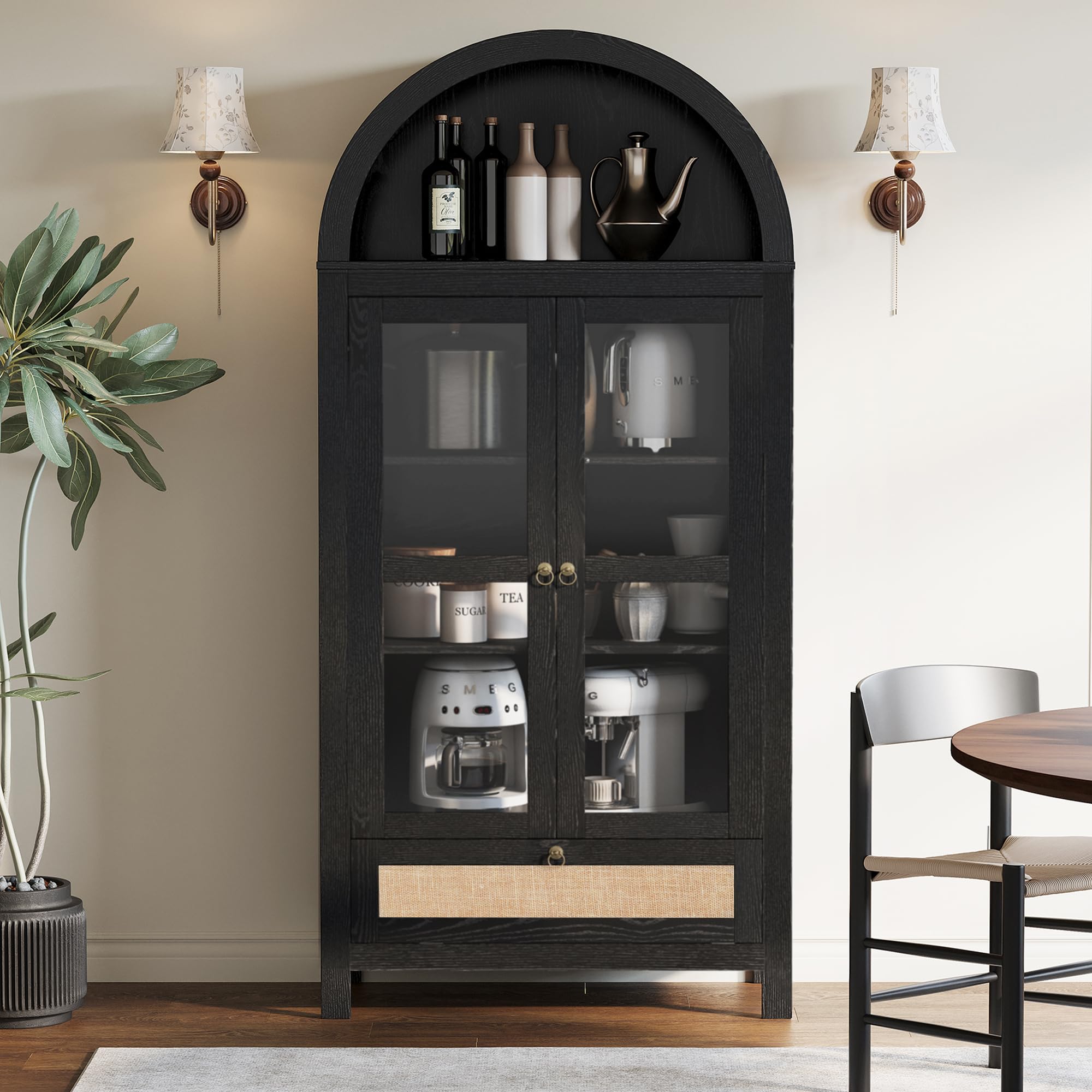 CHYMSUN 71” Tall Arched Kitchen Pantry Cabinet, Modern Farmhouse Hutch Storage Cabinets with Large Drawer and Glass Doors for Kitchen, Dining Room,