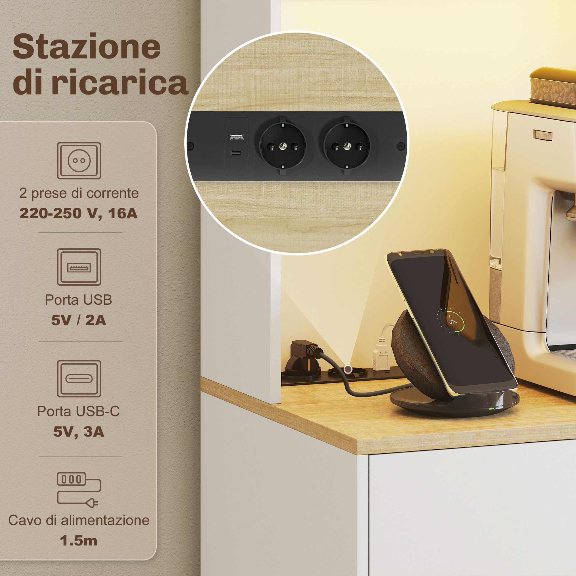 HOMCOM Credenza Cucina, Mobile Dispensa con Luci LED e Stazione di Ricarica con USB, Mobile Cucina con 2 Armadietti, Cassetto, Ripiani Regolabili, per Sala da Pranzo, Soggiorno, 71x40x180 cm, Bianco