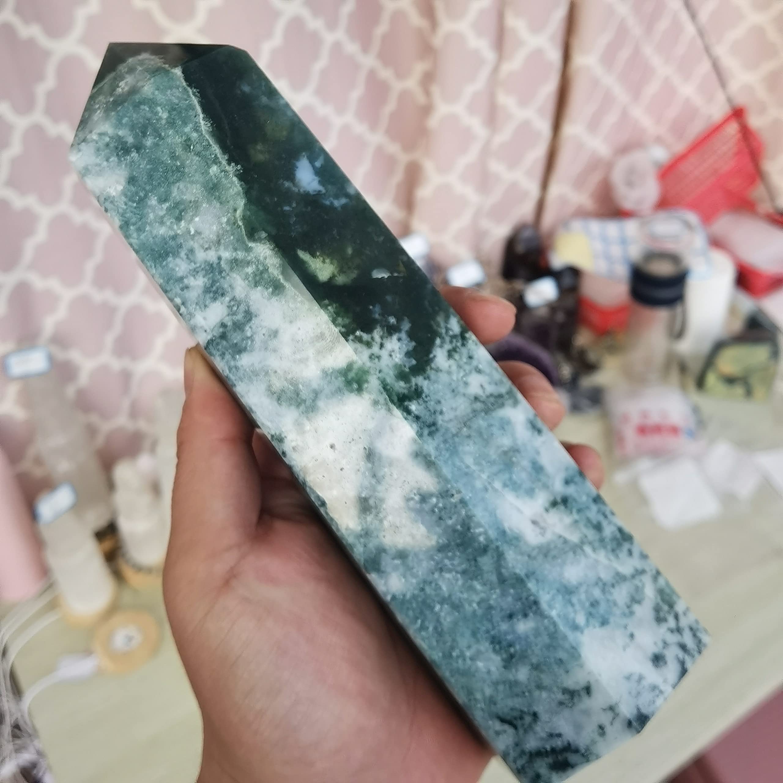 Amazon.co.jp: 天然水晶モス瑪瑙ポイントグリーンクォーツタワー