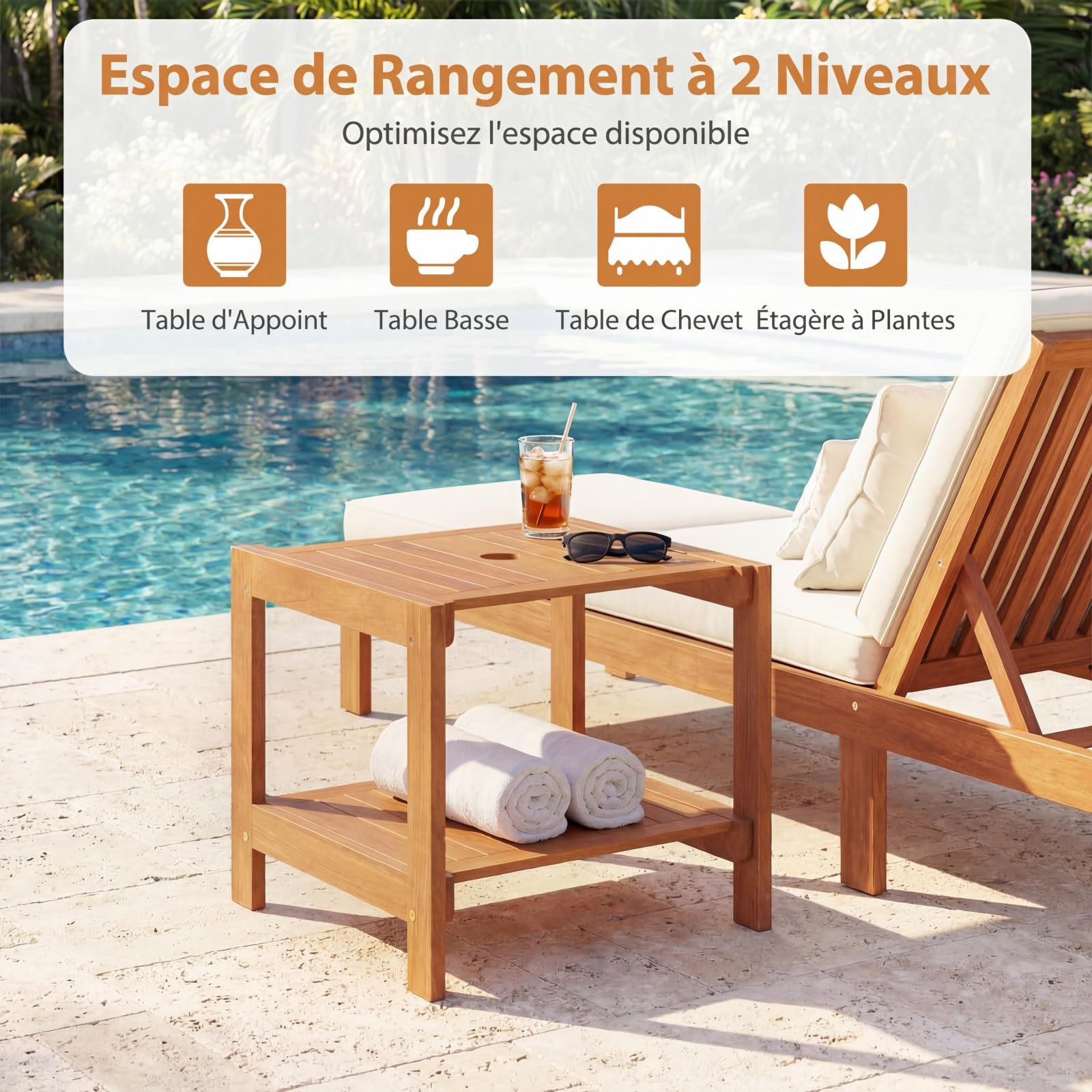 COSTWAY Table Basse Exterieur à 2 Niveaux en Bois avec Trou pour Parasol