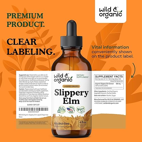 Vista 9 de Wild & Organic Gotas líquidas de olmo resbaladizo, apoyo para pulmón, digestivo y para mujeres, tintura de extracto de corteza de olmo resbaladizo