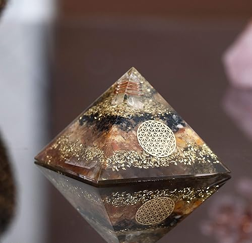 Miniatura 8 de Crocon Pirámide de orgón de aventurina amarilla y turmalina negra con símbolo de flor de vida, pirámides de piedra curativa, piedra preciosa de