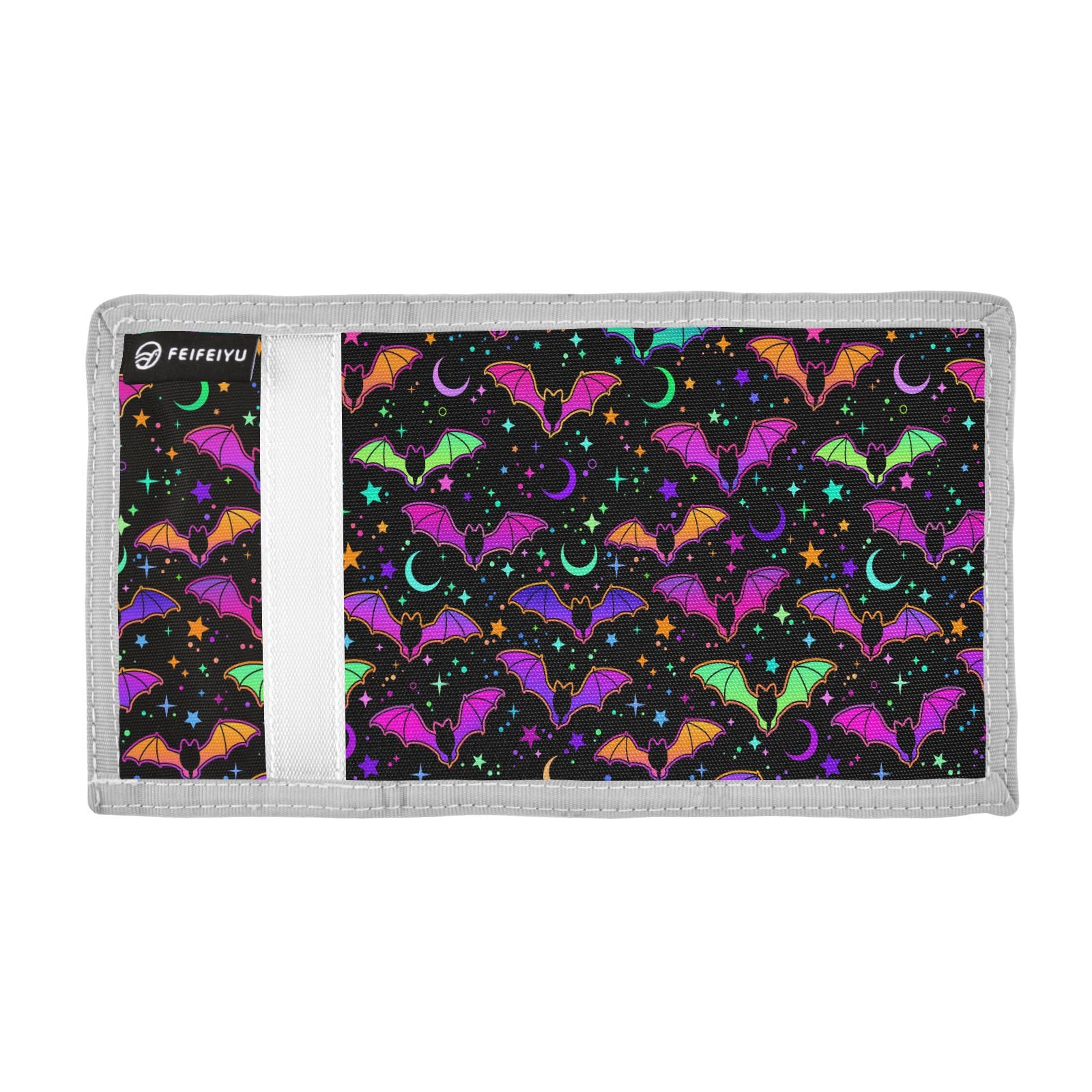 JHKKU Halloween Colorful Bat Star Kids Wallet for Boys Girls, Teen Canvas Trifold Purse with Zipper Coin Pocket