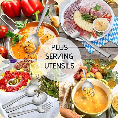 Miniatura 5 de Herogo Juego de cubiertos mate de 46 piezas con utensilios para servir, cubiertos cuadrados de acero inoxidable, moderno juego de cubiertos con