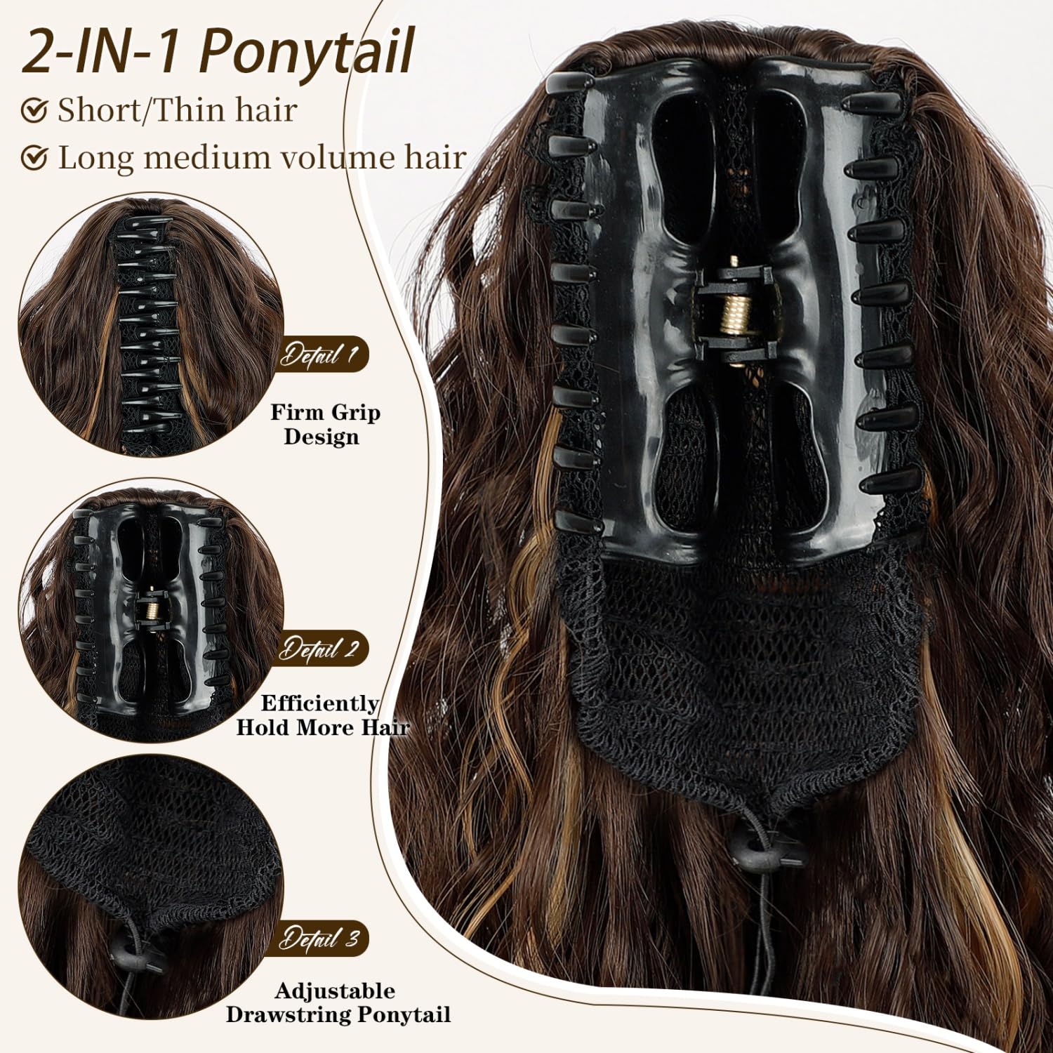 ORSUNCER Claw Clip Ponytail Extension Wavy Pony Tails Hair Extensions Layered Fluffy Clip on ponytails for Women Synthetic Hairpieces Chocolate Brown with Caramel Blonde