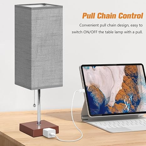 PLMMY Table Lamp for Bedroom Set of 2, Bedside Lamps with 3 Color Temperatures Night Light, Lamp for Night Stands with AC Outlet and Square Shade, Pull Chain Small Desk Lamp for Living Room Home Decor photo 5