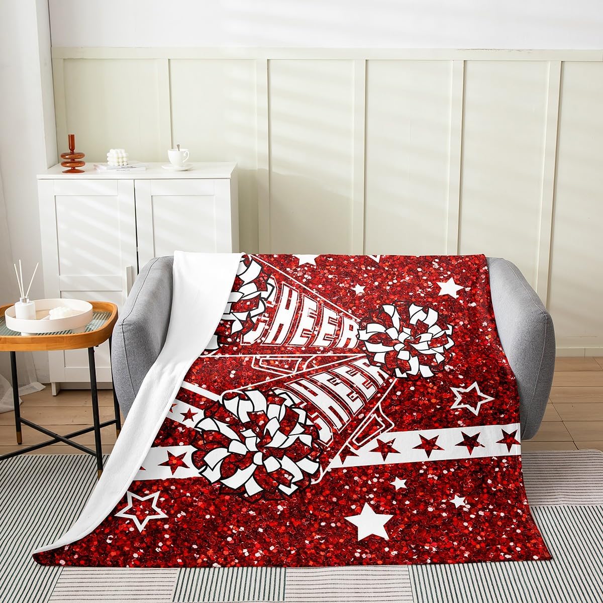 Homewish Cheerleading Throw Blanket Throw 50x60 Red White Glitter Stars Stripes Fleece Blanket for Kids Girls Teens Gymnastics Cheerlead Style Dreamy Flannel Blanket for Couch Chairs Bed