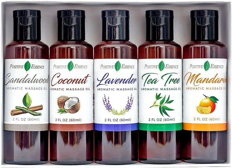 Massage Oil Gift Set, 5 Scent Variety Pack, 2 fl oz Each | Five aromatic blends • Jojoba & sweet almond oils • Smooth massage glide • Plant-based formula • Small-batch crafted