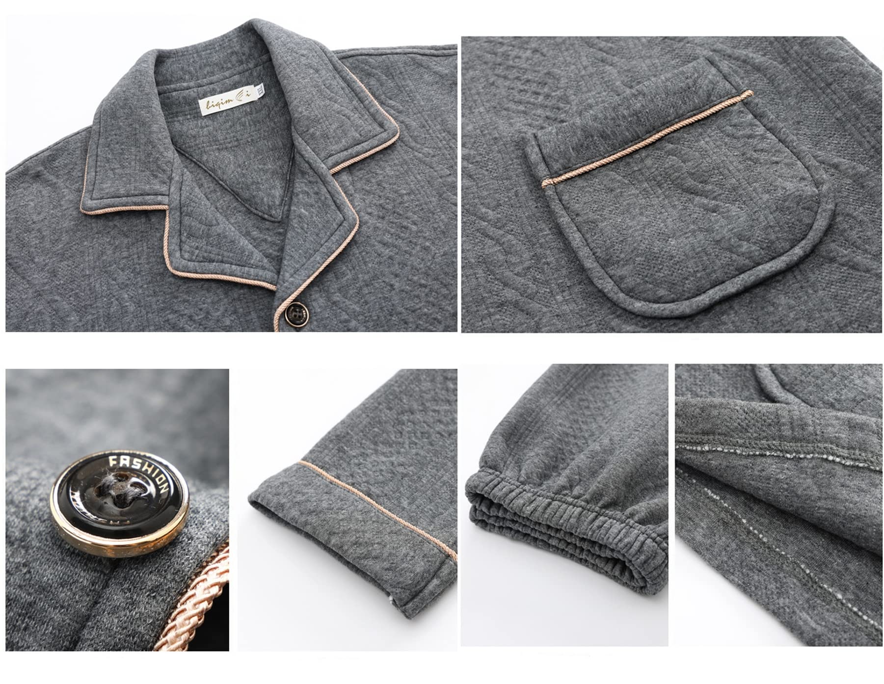 Conjunto de Pijama de 2 Piezas con Cuello en V y Solapa de algodón Grueso para Hombre Conjunto de Pijama de Manga Larga de Talla Grande con Botones Entre Capas