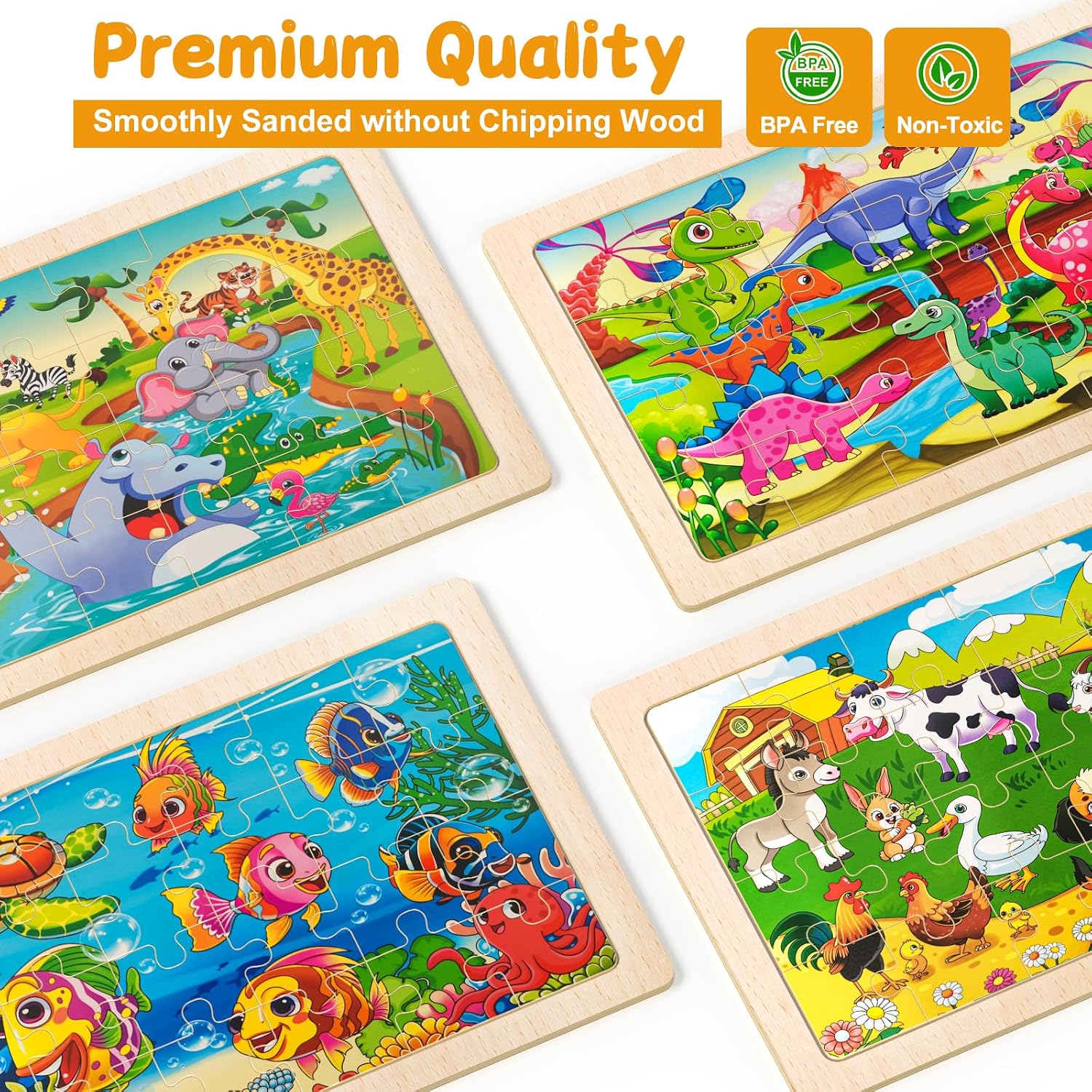 Wooden Jigsaw Puzzles for Kids Ages 3-6, 4 Pack with Animals Preschool Educational Toys, Toddler Puzzles Gift for 3 4 5 Year Old Boys Girls (Animal)