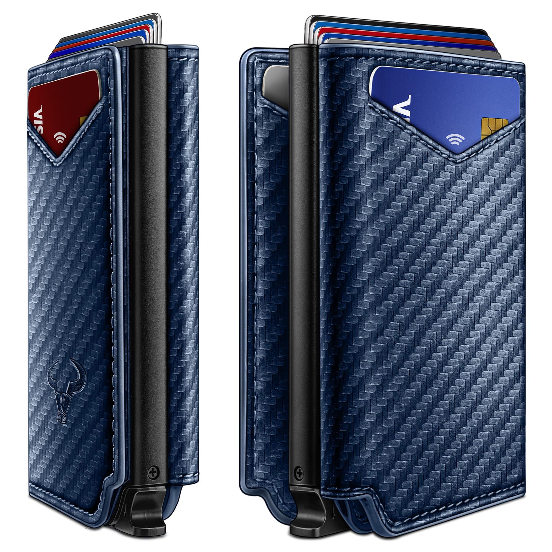 BULLIANT Men Slim Leather Wallet Metal Case Money Clip-Magnetic Closure | 10 Cards | RFID Blocking | Pop-up Access | Pocket Fit | Gift Boxed Purplish Blue8016 Carbon Fiber Leather