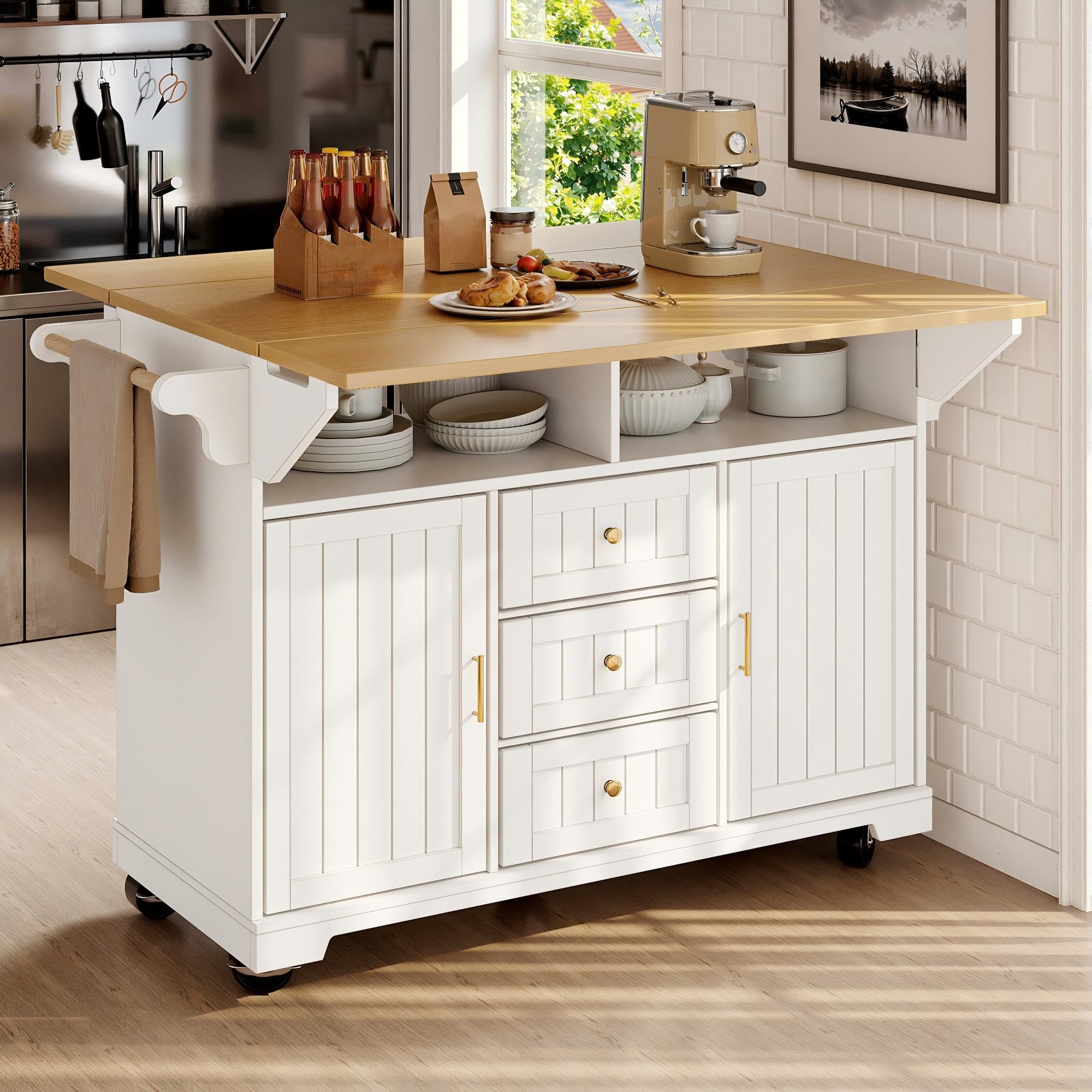 LAKFEW Isla de Cocina Moderna, Isla Cocina con Ruedas y Tableros Plegables en Ambos Lados, Mueble Auxiliar Muebles Cocina con 3 Cajones y 2 Puertas, Ilha de Cozinha, 142.5x40(80) x95 cm, Blanco