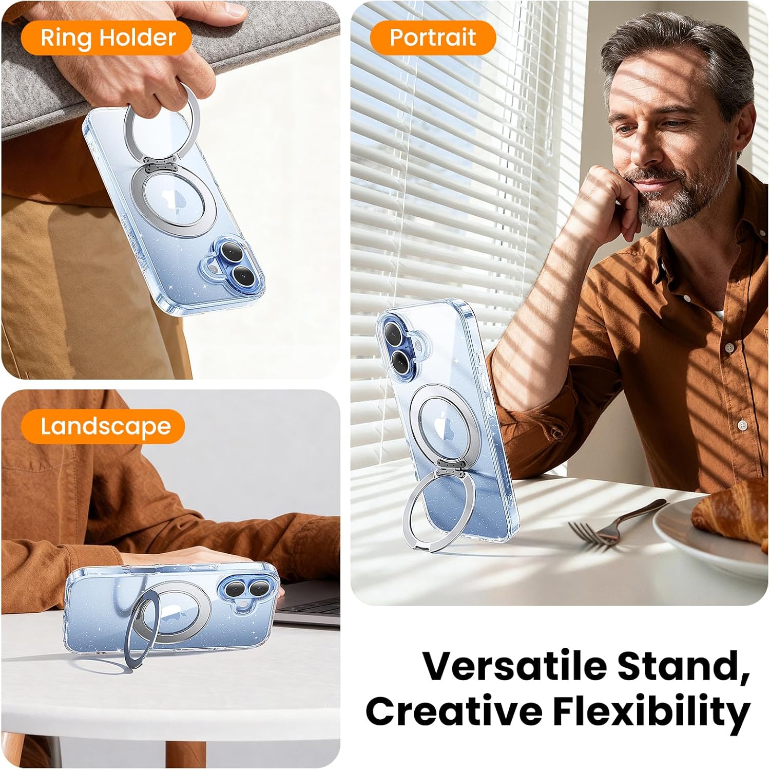 360° Ring Stand for iPhone 17 Case, Compatible with MagSafe, Military-Grade Protective,Anti-Yellowing, Scratch-Resistant Back Cover Phone Case for iPhone 17 6.3", Clear Glitter Stand