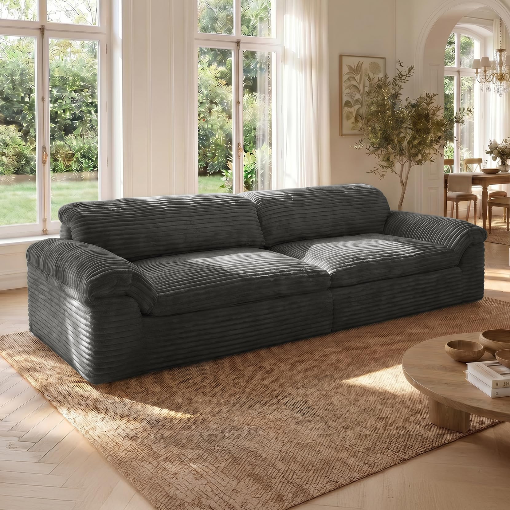 Vesgantti 260 cm 3-Sitzer Boneless Sofa, Cloud Cord, Dunkelgrau | 64 cm Sitztiefe, Weiches Vollschaum, Modulares Sofa mit Geschwungenen Armlehnen, Keine Montage erforderlich