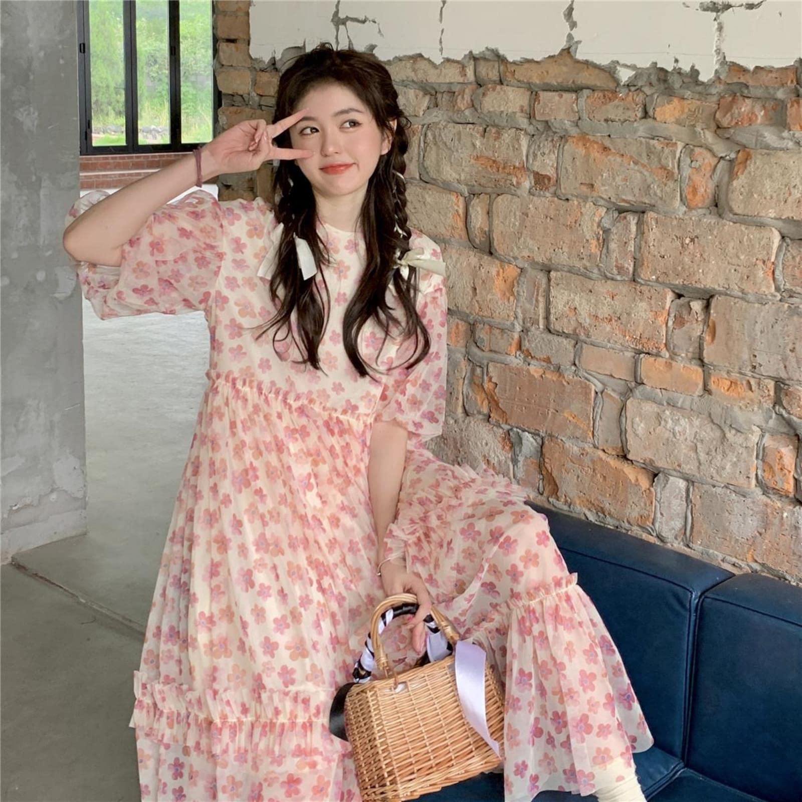 korean oversized dress Ibuvkizy Women Plus Size Dress,Womens Fashion Summer Dress,Korean Version Patterned Pattern Contrasting V-neck Skirt Oversized Women's Dress,Maxi