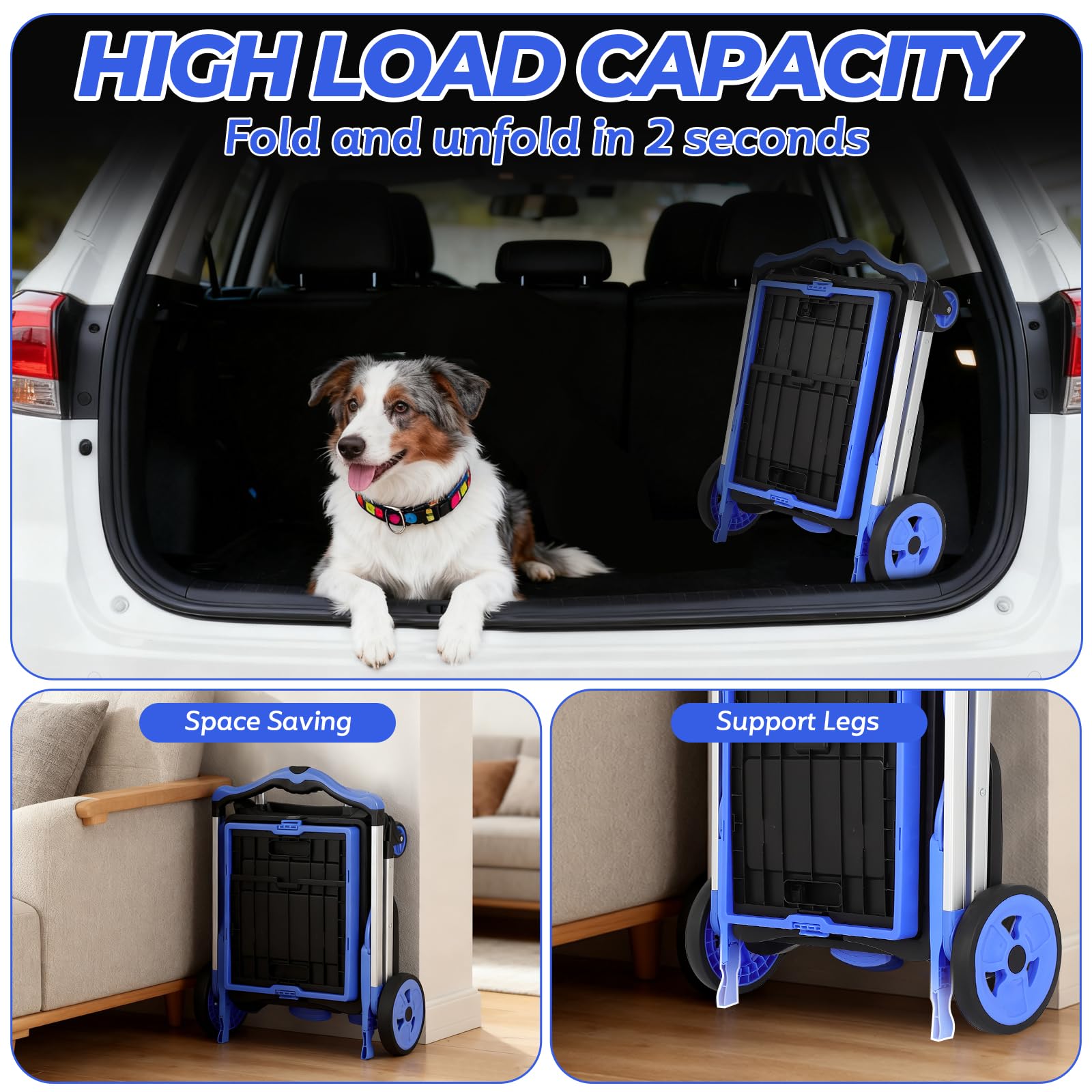 Carrito de compras plegable de 2 niveles con ruedas, capacidad de 200 libras con ruedas con caja de almacenamiento, carretilla de mano de plataforma con freno de pie
