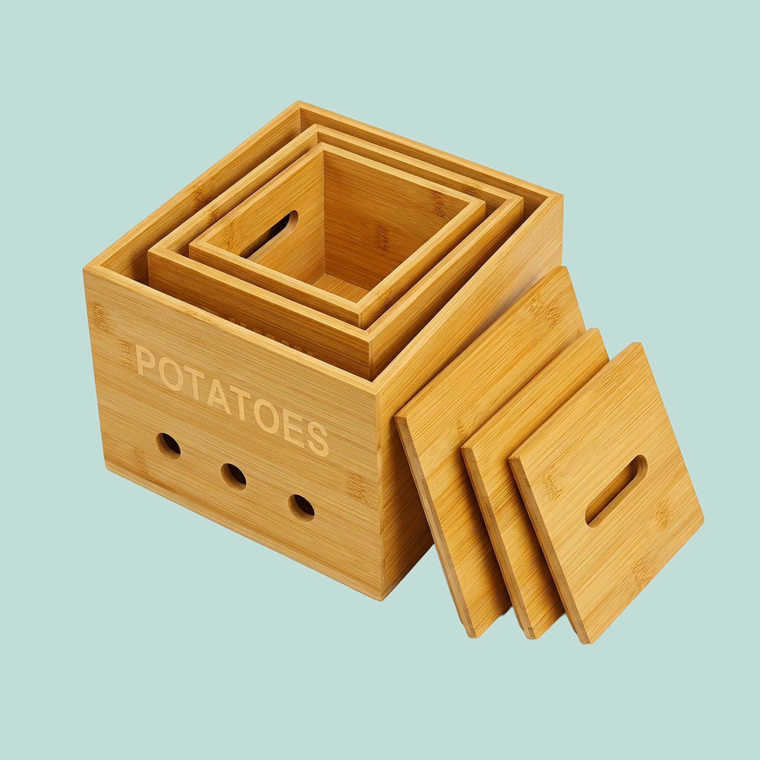 Relaxdays Cajas de almacenamiento de bambú natural, 3 tamaños, cocina | para patatas, cebollas y ajo