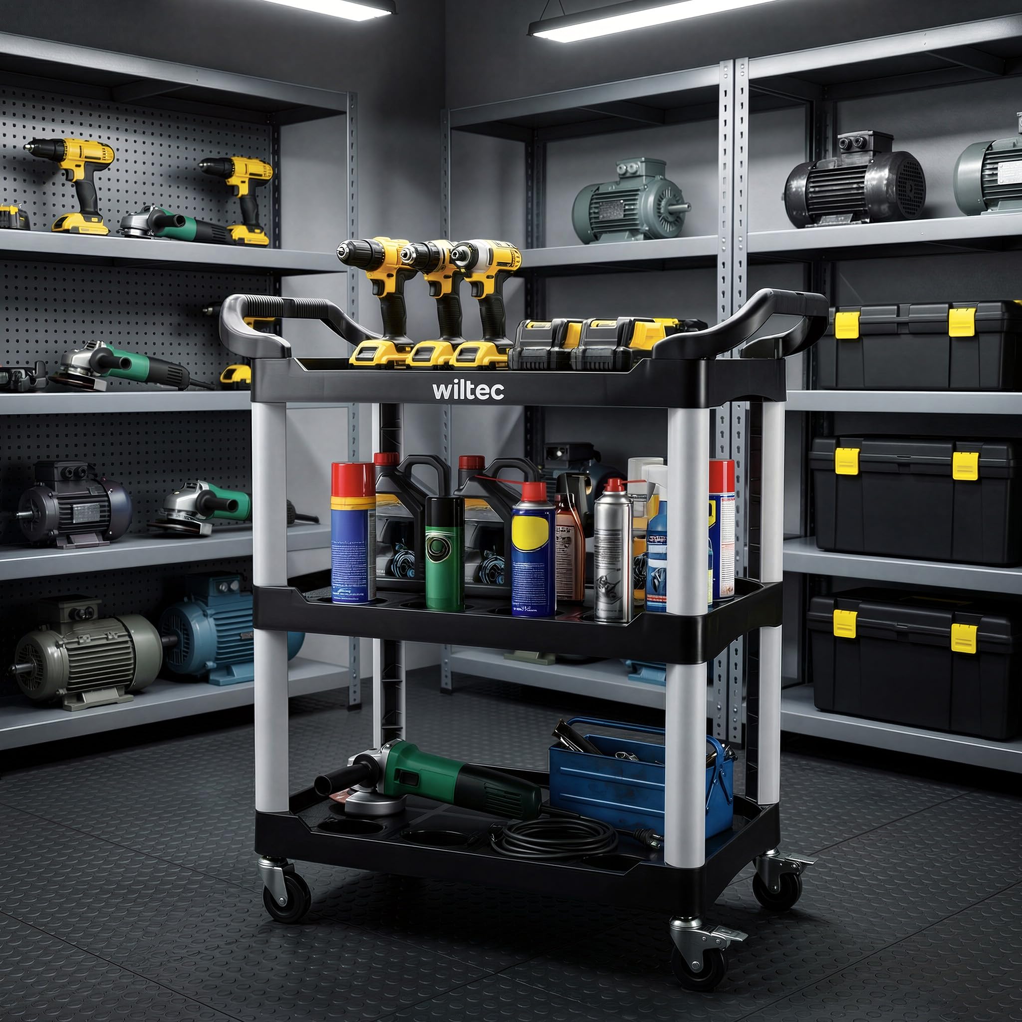 Wiltec Carrello a 3 ripiani tipo 01 con portata di 136 kg, carrello officina 74,5 × 42,5 × 67,5 cm in plastica