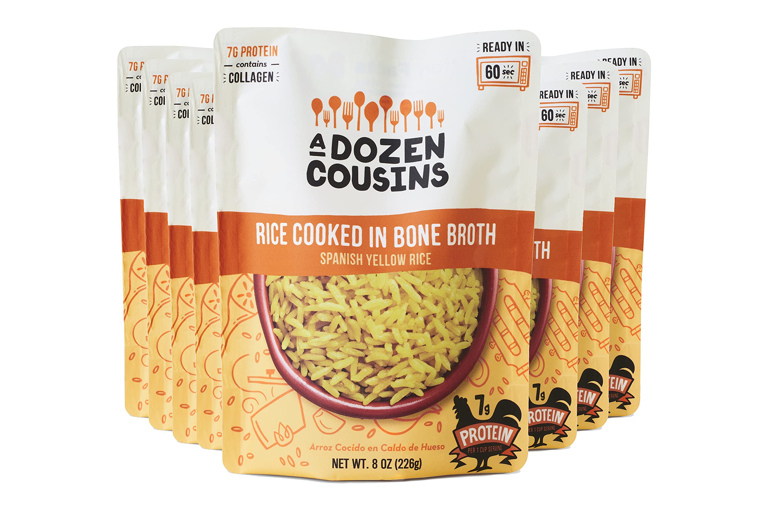 A Dozen Cousins Rice Cooked in Bone Broth Microwaveable Rice Packets | 7g Protein | Contains Collagen (Spanish Yellow Rice, 8 Pack)