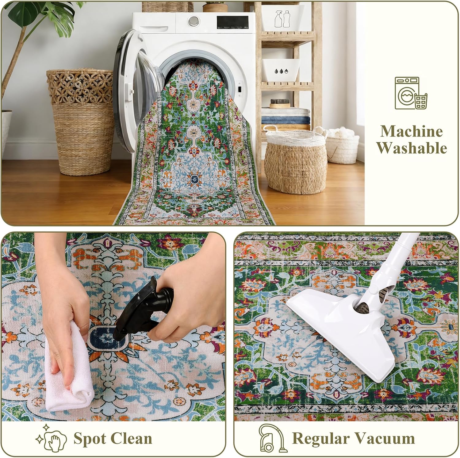 U'Artlines 2' x 6' Boho Hallway Runner Rug, Non Slip Washable Vintage Farmhouse Kitchen Rug Accent Area Carpet for Entryway Laundry and Living Room (Green) - Image 9